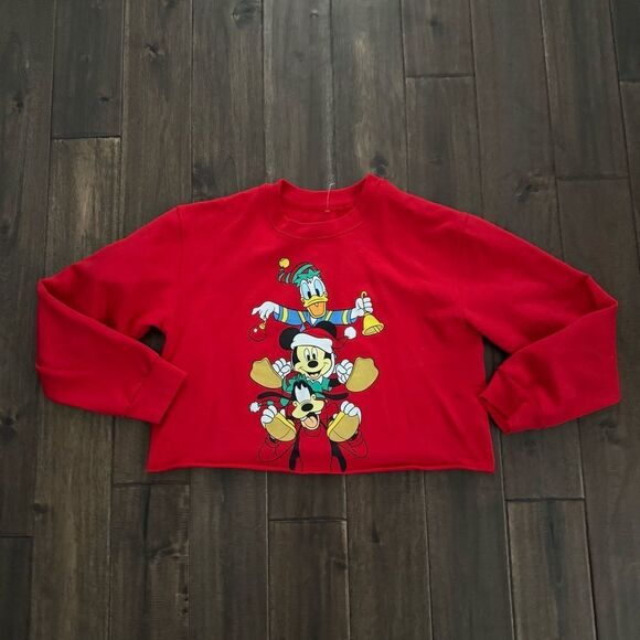 Disney Mickey & Friends Red Cropped Holiday Sweatshirt Jr. L - Picture 1 of 3